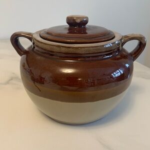 Vintage MCM Two-Toned Stoneware Bean Pot w/ Double Handles & Lid